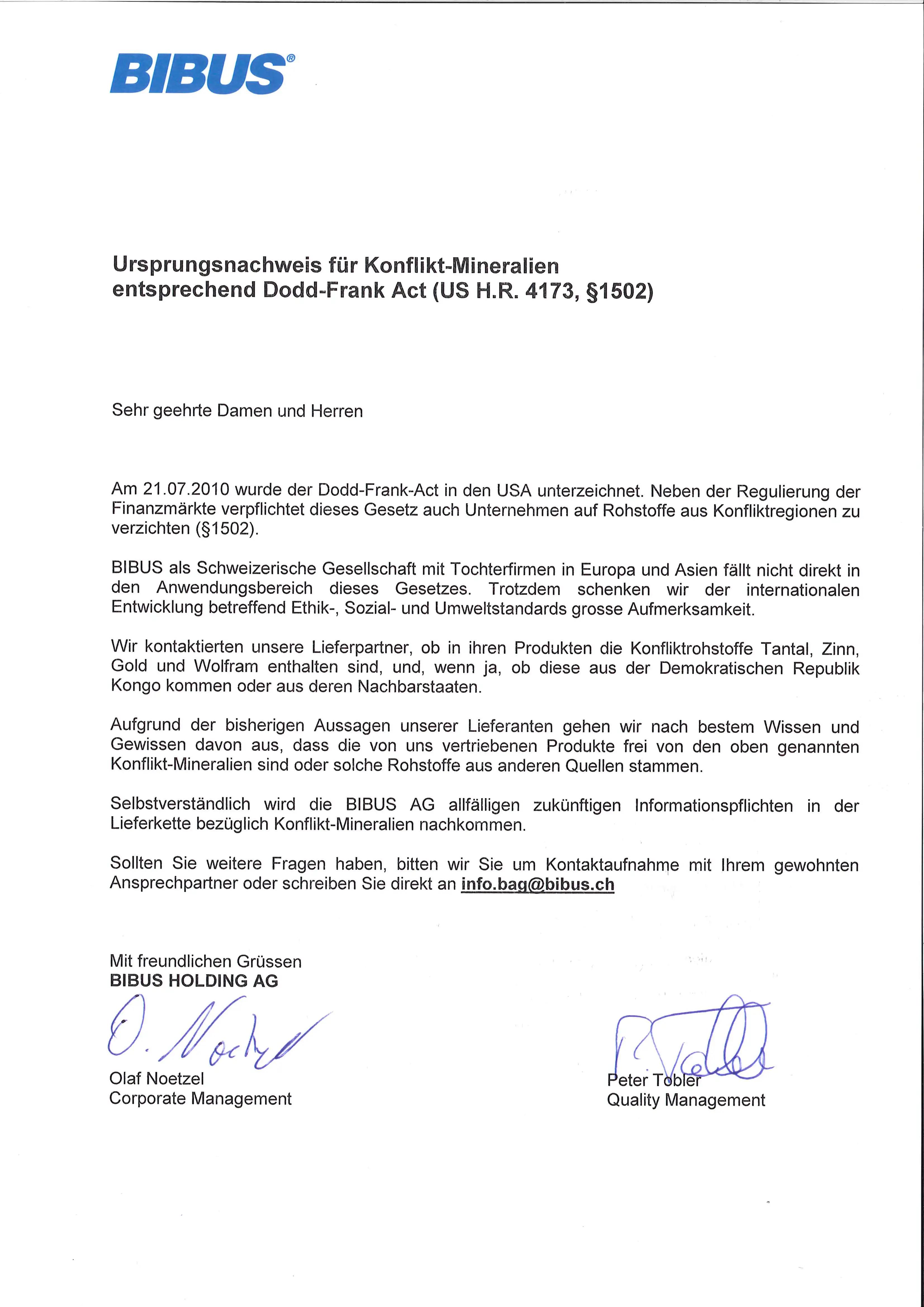 BIBUS HOLDING Conflict Minerals Dodd-Frank DEU
