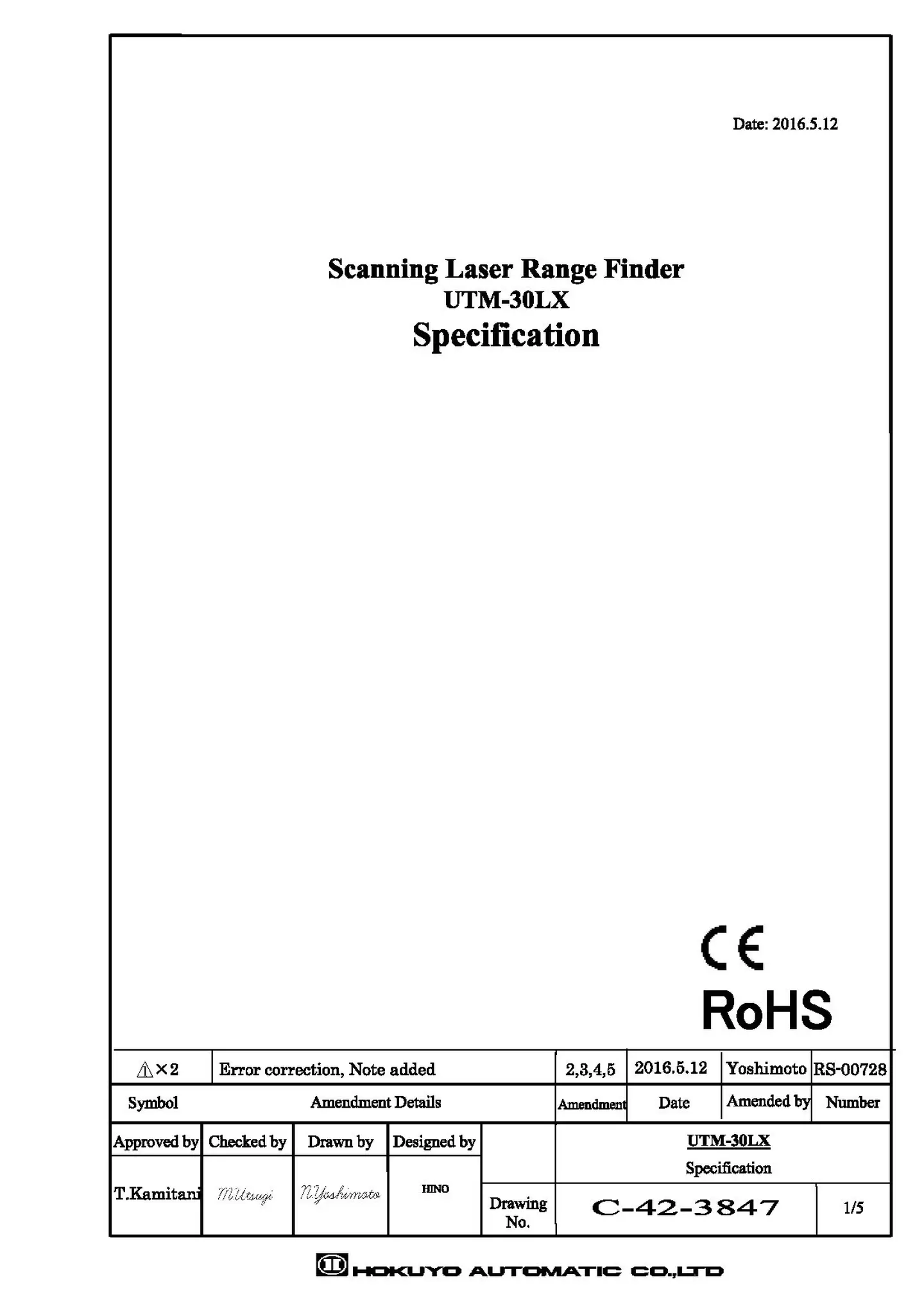 Hokuyo UTM-30LX Datenblatt EN